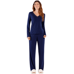 Pijama Manga Longa Marinho Poas Cor Com Amor