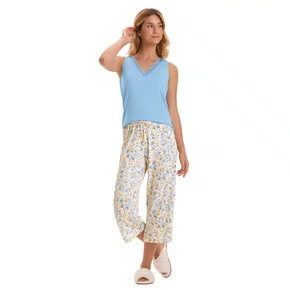 Pijama Pantacourt Azul Floral Cor Com Amor