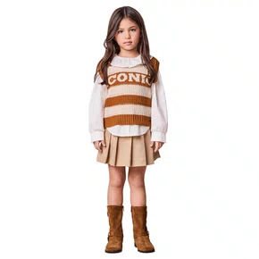 Saia de Sarja Rodada Com Pregas Bege Escuro Anime