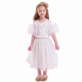 Saia Short Midi Tule Cristais Off White Pituchinhus