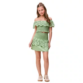 Saia Wind Babado Bordado Verde Cidreira Authoria