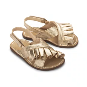 Sandália Babado Couro Dourado Dore Petit Cheval