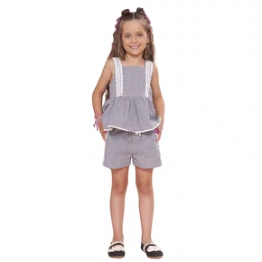 Short Algodão Xadrez Renda Bordados Pituchinhus