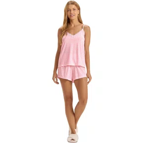 Short Doll Alcinha Xadrez Rosa Microfibra Cor com Amor
