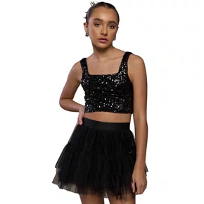 Short Saia Tule Babados Preto Vanilla Cream