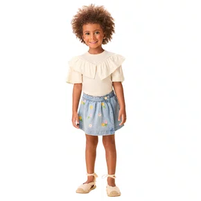 Shorts Saia Jeans Bordada Florzinhas Momi