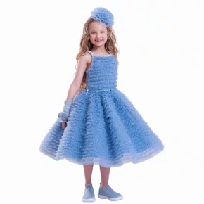 Vestido Alça Conceito Babadinhos Tule Bordados Azul Pituchinhus
