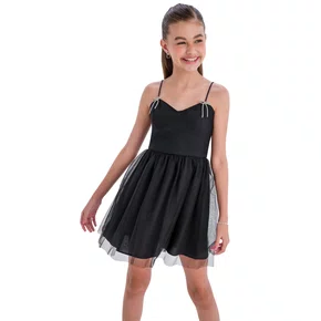 Vestido Alça Tule Lacinhos Strass Preto Vanilla
