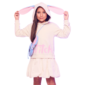 Vestido Balonê Bege Com Orelhas Stitch Anime