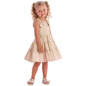 Vestido Bordado Corações Bege Alça Frufru Petit Cherie