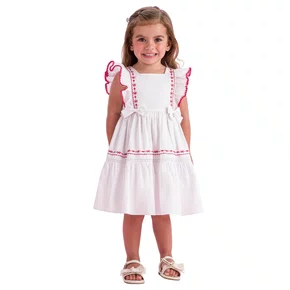 Vestido Branco Babadinhos Lacinho Bordado Vermelho Petit Cherie