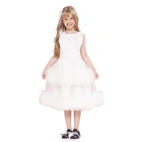 Vestido Festa Saia Tule Frufru Laço Bordado Off White Pituchinhus