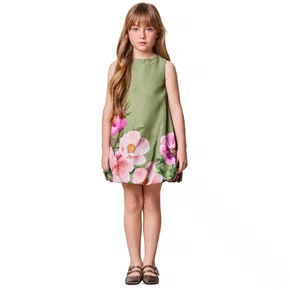 Vestido Infantil Tafetá Balone Oliva Flores Anime