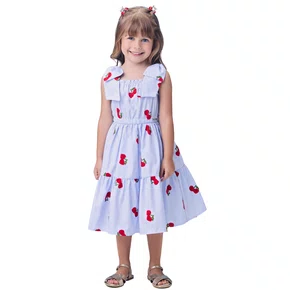 Vestido Listradinho Azul Bordado Cereja Momi