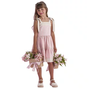 Vestido Listras Rosa e Bege Alça Amarração Petit Cherie