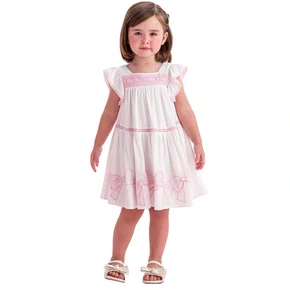 Vestido Off White Laços Bordados Rosas Petit Cherie