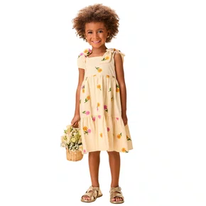 Vestido Tricoline Bordado Florzinhas Amarelo Manteiga Momi