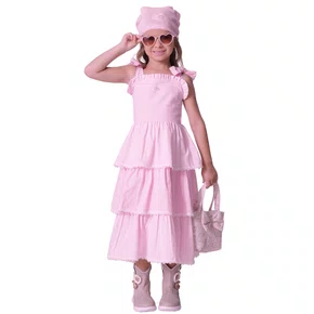 Vestido Tricoline Xadrez Babados Rosa Claro Pituchinhus