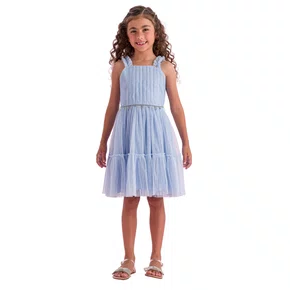Vestido Tule Alça Babadinhos Azul Petit Cherie