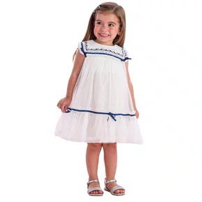 Vestido Tule Branco Bordado Marinho Petit Cherie