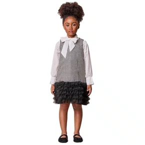 Vestido Tweed Peid Poule Perto e Branco Babado Tule Anime