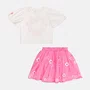 Conjunto Hello Kitty Saia Tule Bordado Flores Rosa Neon Momi