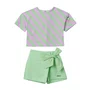 Conjunto Listras Lilas Verde Laço Anime