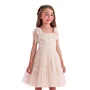 Vestido Tule Bordado Bege Alça Laço Petit Cherie